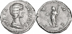 Julia Domna (died 217 AD). AR Denarius, 200-211. Obv. Draped bust right. Rev. Juno standing left, holding patera and sceptre; to left, peacock. RIC IV...