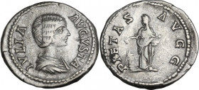 Julia Domna (died 217 AD). AR Denarius, 196-211. Obv. Bust right, draped. Rev. Pietas standing left, dropping incense on lit altar and holding box. RI...
