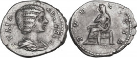 Julia Domna (died 217 AD). AR Denarius. Rome mint. Obv. Bust of Julia Domna, right. Rev. Pudicitia seated, left. RIC IV (Sept. Sev.) 575. AR. 2.90 g. ...