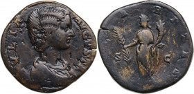 Julia Domna (died 217 AD). AE Sestertius. Struck under Septimius Severus, 198-200. Obv. Draped bust right. Rev. Hilaritas standing left, holding palm ...