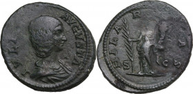 Julia Domna (died 217 AD). AE As. Struck under Septimius Severus, 198-200 AD. Obv. Draped bust right. Rev. Hilaritas standing left, holding long palm ...