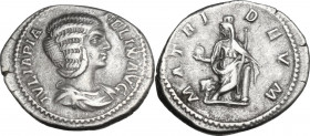 Julia Domna (died 217 AD). AR Denarius. Struck under Caracalla, 211-217. Obv. Bust right, draped. Rev. Cybele standing facing, head left, holding drum...