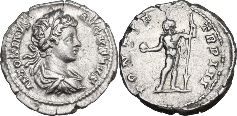Caracalla (198-217). AR Denarius. Obv. Laureate, draped and cuirassed bust right...