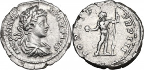 Caracalla (198-217). AR Denarius. Obv. Laureate, draped and cuirassed bust right. Rev. Sol standing left; holding globe and spear. RIC IV 30a. AR. 3.3...