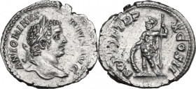 Caracalla (198-217). AR Denarius, 207 AD. Obv. Laureate bust, right. Rev. Mars standing left, holding spear and leaning on shield. RIC IV 89. AR. 3.20...