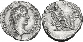 Caracalla (198-217). AR Denarius, 207 AD. Obv. Head right, laureate. Rev. Securitas seated right on low seat on shape of crossed cornucopiae, propping...