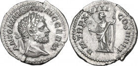 Caracalla (198-217). AR Denarius, 215 AD. Obv. Head of Caracalla right, laureate. Rev. Pax standing left; holding branch and scepter. RIC 268. AR. 3.1...
