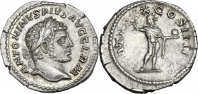 Caracalla (198-217). AR Denarius, 217 AD. Obv. Head right, laureate. Rev. Sol standing front, head left, wearing chlamys over shoulder, raising right ...