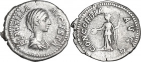 Plautilla (died 212 AD). AR Denarius, 202-205. Obv. Bust right, draped. Rev. Concordia standing left, holding patera and scepter. RIC (Caracalla) 363....