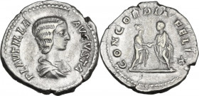 Plautilla (died 212 AD). AR Denarius, 202-205. Obv. Bust right, draped. Rev. Plautilla and Caracalla standing facing each other and clasping hands. RI...