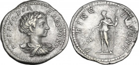 Geta (198-212). AR Denarius, 200-202. Obv. Bust right, draped, cuirassed. Rev. Emperor standing left, in military attire, holding branch downwards and...