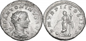 Elagabalus (218-222). AR Antoninianus, 219 AD. Obv. Radiate, draped and cuirassed bust right. Rev. Providentia standing left, legs crossed, leaning on...