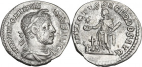 Elagabalus (218-222). AR Denarius. Obv. Bust right, laureate, horned, draped. Rev. Emperor standing left, sacrificing from patera over tripod and hold...