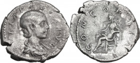 Julia Paula, first wife of Elagabalus (218-222). AR Denarius. Obv. Draped bust right. Rev. Concordia seated left, holding patera; in field, star. RIC ...