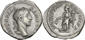 Severus Alexander (222-235). AR Denarius, 229 AD. Obv. Head right, laureate. Rev. Annona standing left, right foot on prow, holding corn-ears and corn...