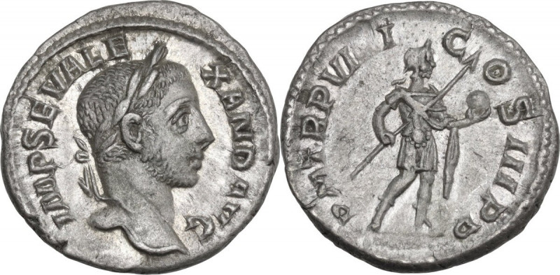 Severus Alexander (222-235). AR Denarius, 230 AD. Obv. Head right, laureate. Rev...