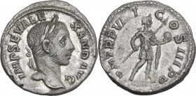 Severus Alexander (222-235). AR Denarius, 230 AD. Obv. Head right, laureate. Rev. Emperor standing right in military attire, holding spear and globe. ...