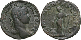 Severus Alexander (222-235). AE Sestertius, 231 AD. Obv. Laureate bust right, draped on far shoulder. Rev. Annona standing left, holding grain ears an...