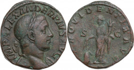 Severus Alexander (222-235). AE Sestertius, 232 AD. Obv. Laureate bust right, slight drapery on left shoulder and wearing slight beard. Rev. Provident...