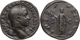 Severus Alexander (222-235 AD). AE Sestertius, 232 AD. Obv. Laureate bust right, slight drapery on far shoulder. Rev. Spes advancing left, holding flo...