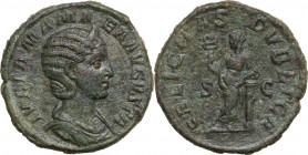 Julia Mamaea (died 235 AD). AE Sestertius. Struck Under Severus Alexander 222-235 AD. Obv. Diademed bust right. Rev. Felicitas standing facing, holdin...
