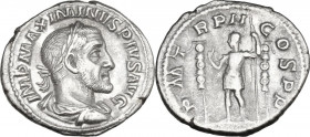 Maximinus I (235-238). AR Denarius, 236 AD. Obv. Bust right, laureate, draped. cuirassed. Rev. Emperor standing left, raising right hand and holding s...