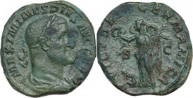 Maximinus I (235-238). AE Sestertius, 236-238. Obv. Bust right, laureate. draped. cuirassed. Rev. Victory standing left, holding wreath and palm; befo...