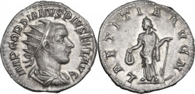 Gordian III (238-244). AR Antoninianus, 241-243. Obv. Bust right, radiate, draped, cuirassed. Rev. Laetitia standing left, holding wreath and anchor. ...