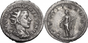 Gordian III (238-244). AR Antoninianus, 241-243. Obv. Bust of Gordian right. Rev. Laetitia standing left, holding wreath and anchor. RIC IV 86. AR. 5....