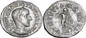 Gordian III (238-244). AR Denarius, 241-243. Obv. Bust right. laureate, draped, cuirassed. Rev. Hercules standing right, resting right hand on hip and...