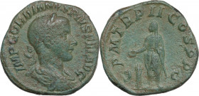 Gordian III (238-244). AE Sestertius, 239 AD. Obv. Laureate, draped and cuirassed bust right. Rev. Gordian veiled, standing front, head left, sacrific...