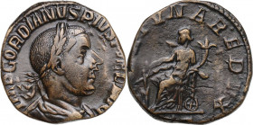 Gordian III (238-244). AE Sestertius, 243-244. Obv. Laureate, draped and cuirassed bust right. Rev. Fortuna seated right holding rudder and cornucopia...