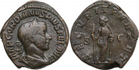 Gordian III (238-244). AE Sestertius, 243-244. Obv. Laureate, draped and cuirassed bust right. Rev. Securitas standing left, legs crossed, holding sce...