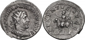 Philip I (244-249). AR Antoninianus. Rome mint. Obv. Radiate bust, right. Rev. Emperor on horseback left, raising right arm. RIC IV 26. AR. 3.90 g. 23...