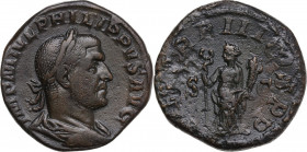 Philip I (244-249). AE Sestertius, 246. Obv. Laureate, draped, and cuirassed bust right. Rev. Felicitas standing left, holding long caduceus and cornu...