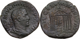 Philip I (244-249). AE Sestertius, 248 AD. Obv. Bust right, laureate, draped, cuirassed. Rev. Octastyle temple containing the statue of Roma seated fa...