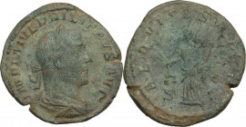 Philip I (244-249). AE Sestertius. Rome mint. Obv. Laureate, draped and cuirassed bust right. Rev. Aequitas standing left; holding scales and cornucop...