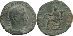Philip I (244-249). AE Sestertius. Rome mint. Obv. Laureate bust right. Rev. Fortuna seated left; holding rudder and cornucopiae. RIC IV 174. AE. 10.9...