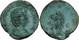 Otacilia Severa, wife of Philip I (244-249). AE Sestertius, 248 AD. Obv. Bust right, diademed, draped. Rev. Pietas standing left, raising right hand a...