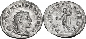Philip II (244-249). AR Antoninianus, 244-246. Obv. Bust right, radiate, draped. Rev. Emperor standing left, in military attire, holding globe and spe...