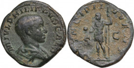 Philip II (244-249). AE As. Rome mint. Obv. Bare head right. Rev. Philip II in military dress, holding globe and spear. RIC IV 256a. AE. 20.30 g. 30.0...