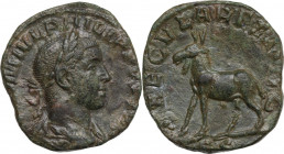 Philip II (247-249). AE Sestertius. Obv. Laureate, draped and cuirassed bust right. Rev. Goat walking left. RIC IV 264. AE. 14.60 g. 27.00 mm. Good VF...