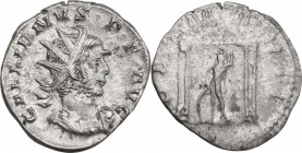 Gallienus (253-268). AR Antoninianus, Lugdunum mint. Obv. Radiate bust, right. Rev. Mars standing left within tetrastyle temple. RIC V 10. AR. 3.00 g....