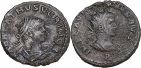 Aurelian with Vabalathus (270-275). BI Antoninianus. Antioch mint, 2nd officina. 270-272 AD. Obv. Radiate and cuirassed bust of Aurelian right; in exe...