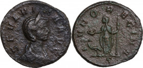 Severina, wife of Aurelian (270-275). AE As, 275 AD. Obv. Draped bust right, wearing stephane. Rev. Juno standing left, holding patera and sceptre; pe...