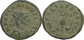 Carinus (283-285). AE Antoninianus, 282-283. Obv. Radiate, draped, and cuirassed bust right. Rev. Sprinkler, simpulum, jug, patera, knife, and lituus....