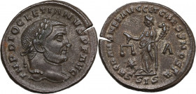 Diocletian (284-305 AD). AE Follis. Siscia mint. Obv. Laureate head right. Rev. Moneta standing left; holding scales in right hand and cornucopiae in ...