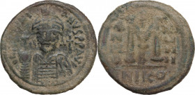 Justinian I (527-565). AE Follis, Nicomedia mint, dated RY 19 (545-546). D.O. 125; MIB 113a; Sear 201. AE. 19.96 g. 34.00 mm. Earthen patina. About VF...