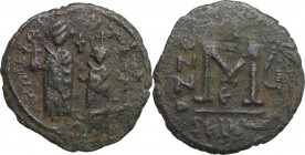 Heraclius (610-641) with Heraclius Constantine. AE Follis. Dated RY 7 (616/7). Seleucia Isauriae mint, 5th officina. Obv. Crowned figures of Heraclius...