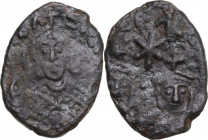Basil I the Macedonian, with Leo VI and Alexander (867-886). AE Half Follis. Uncertain provincial mint. Obv. Crowned facing bust of Basil, wearing lor...